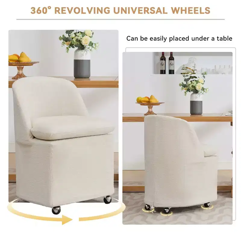Set of 2 Chenille Fabric Dining Chairs With Universal Wheels,Beige