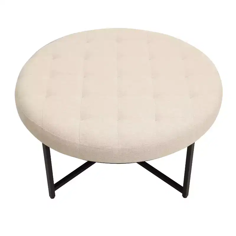 34 Round Cotton Linen Tufted Ottoman with Metal Frame