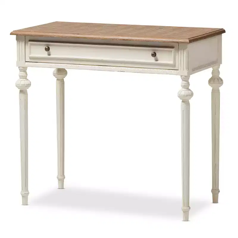 French Provincial Weathered Oak Wash Writing Desk White: Mid-Century Style, Open Shelf Storage