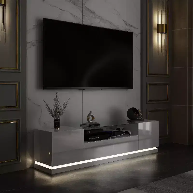 Famapy White 2-Drawers TV Stand With LED Lights Console Table