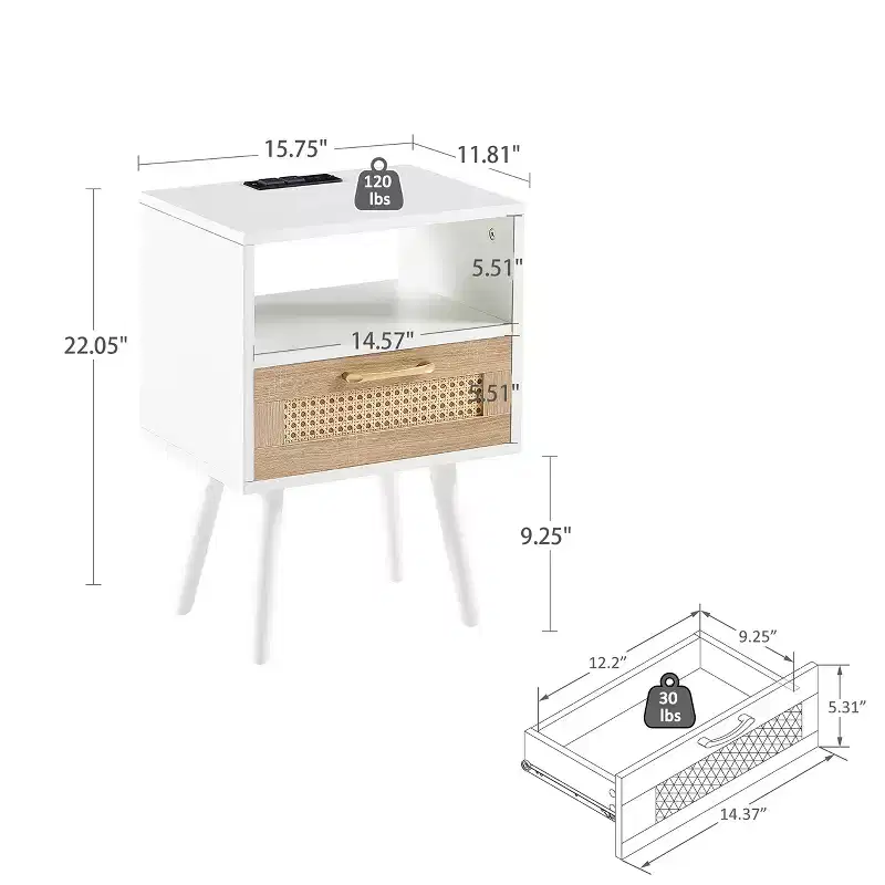 Nightstand with Charging Station, Rattan Side End Table, 15.75 Wood Bedside Accent Table with Storage with Drawer, USB Ports for Living Room