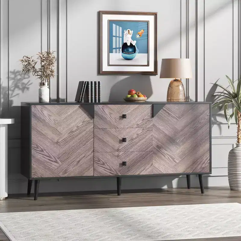 55.1 W Walnut Wood Storage Cabinet w/3 Drawers & 2 Doors, Contemporary Freestanding Storage Accent Cabinet for Living Room, Dining Room