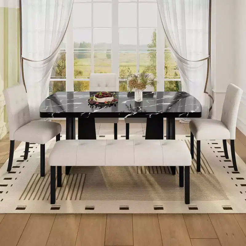 Modern Tufted Linen Dining Bench, Black Rubber Wood Legs