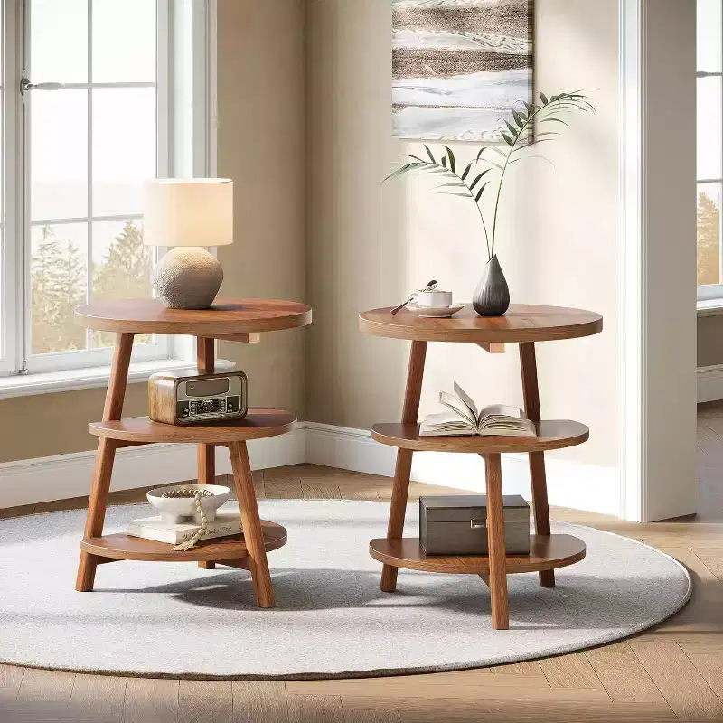 3-Tier Round End Table, 19.69 W Side Table, Small Round Nightstand for Living Room, Bedroom and Couch Side, Brown