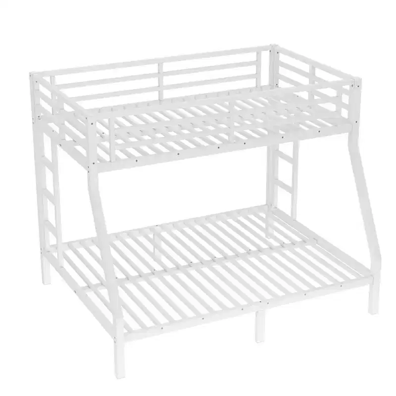 Metal Twin Over Full Bunk Bed with Ladder and Guardrails, Heavy-Duty Steel Frame, White