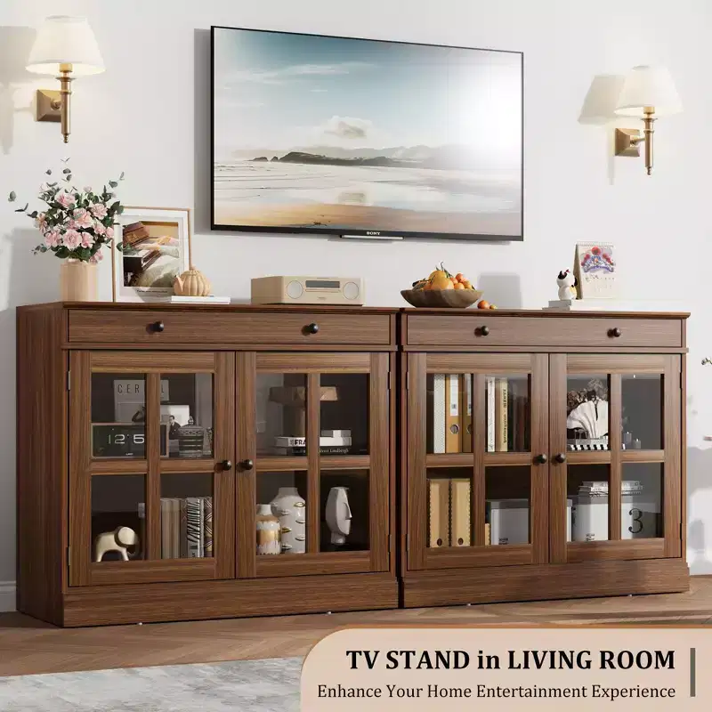 35.4 in Sideboard Buffet Cabinets with Glass Door, Buffet Cabinet with Storage, White&Brown Sideboard Cabinet with Drawer, Modern Buffets & Sideboards
