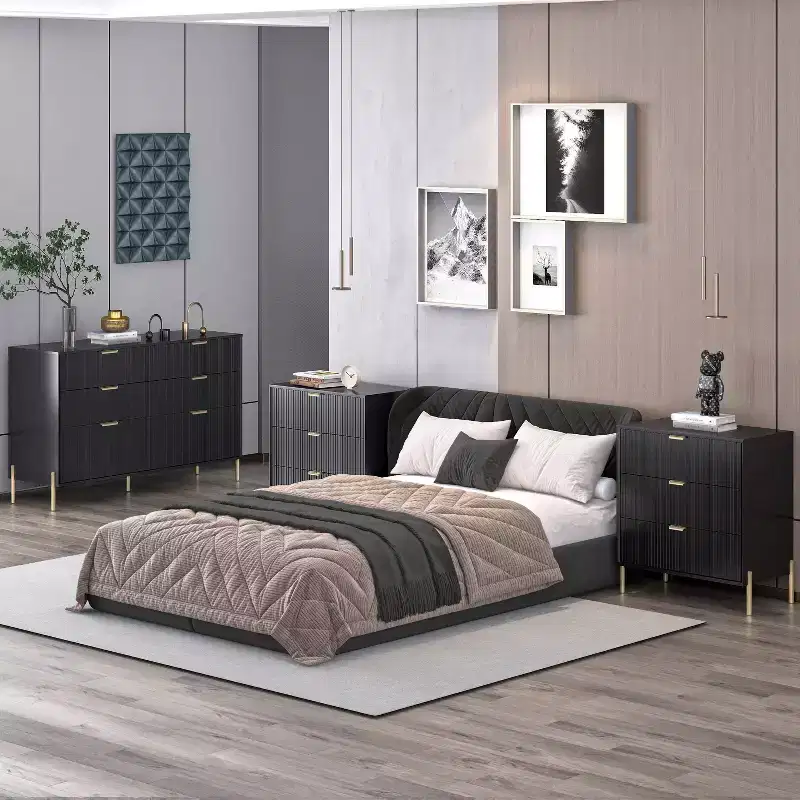 Festivo 3pc Modern Elegance 3 Drawer Nightstands and 6 Drawer Dresser Set Black