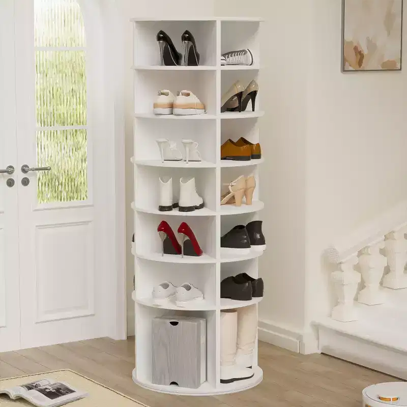 JVNOXK7-Tier Rotating Shoe Rack Tower, Freestanding 360 Rotating Storage Stand, Elevated Base Design Shoe Tower with Rotating Storage Tray - White