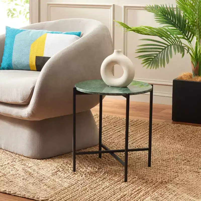 Round Accent Table Green Marble/Black