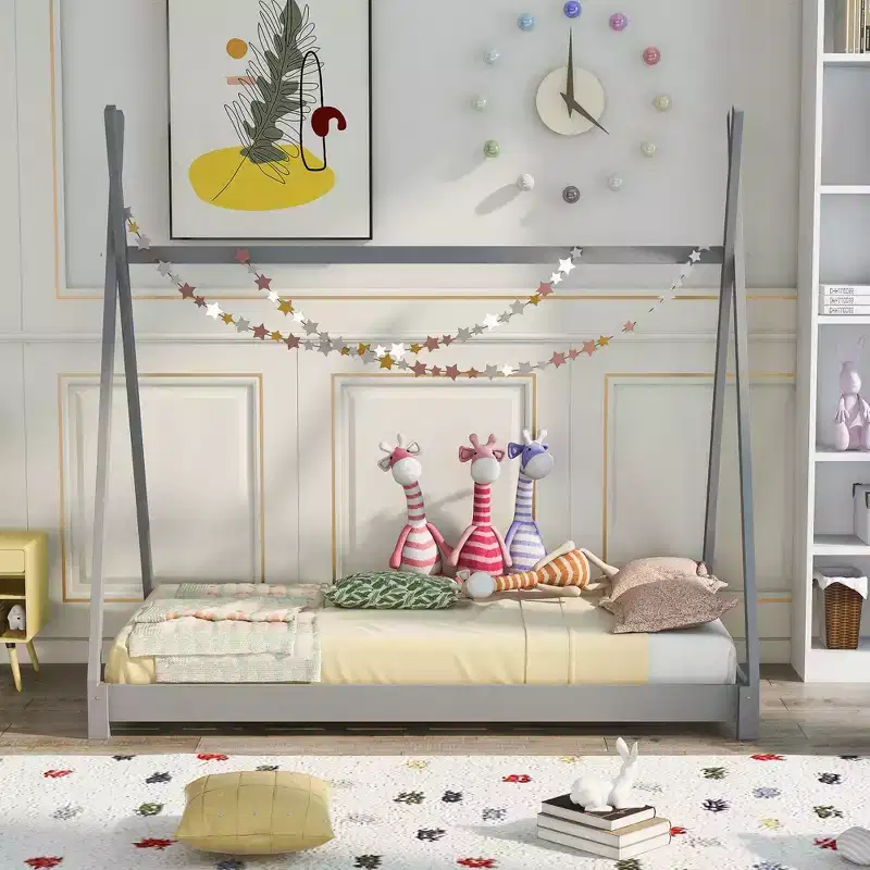 Twin Size Montessori House Bed Frame, Tent Design Floor Platform Bed for Boys & Girls, Pine & MDF