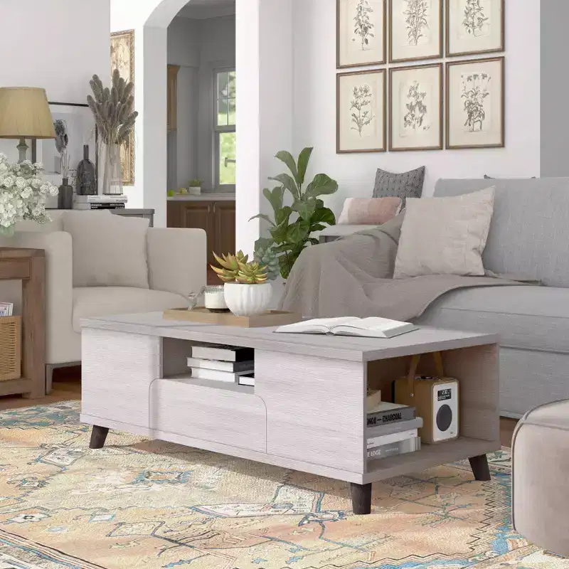 Frelmer 1 Drawer Coffee Table White Oak/Distressed Gray - miBasics: Mid-Century Modern, Flared Legs, Fixed Shelves