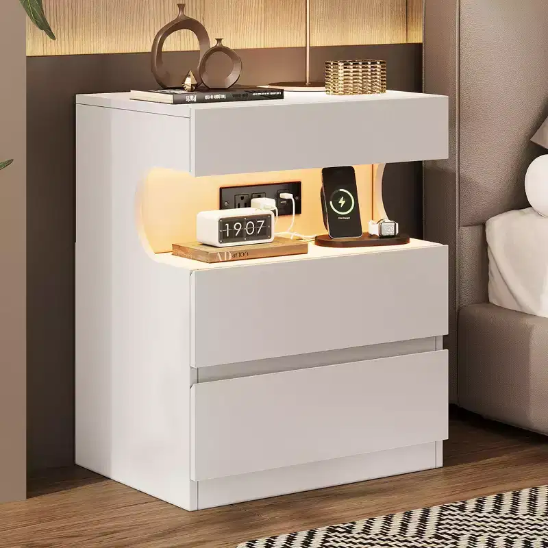 Smart LED Nightstand with Charging Station & 3 Drawers