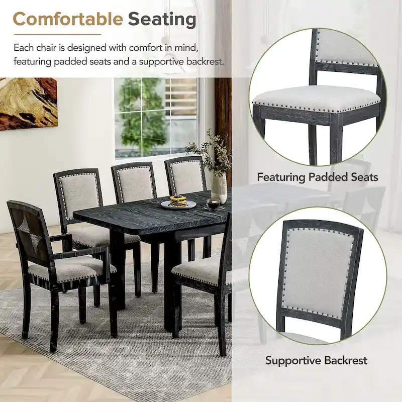 Rustic Extendable Dining Table Set with 24inch Removable Leaf, 6 Upholstered Armless Dining Chairs and 2 Padded Arm Chairs