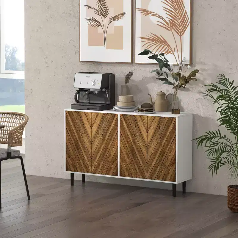 Sideboard Cabinet Kitchen Buffet Cabinet with Adjustable Shelves, 4 Chevron Doors and Pine Wood Legs