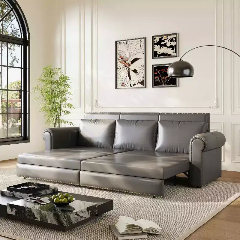 93.7 King Pull Out Sofa Bed, 3-in-1 Faux Leather Convertible Sleeper Sofa with Nailhead Trim& Rolled Arm Gray