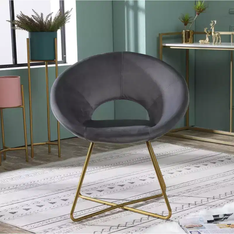 Roundhill Furniture Slatina Silky Velvet Upholstered Accent Chair, Gray with Gold Tone Finished Base