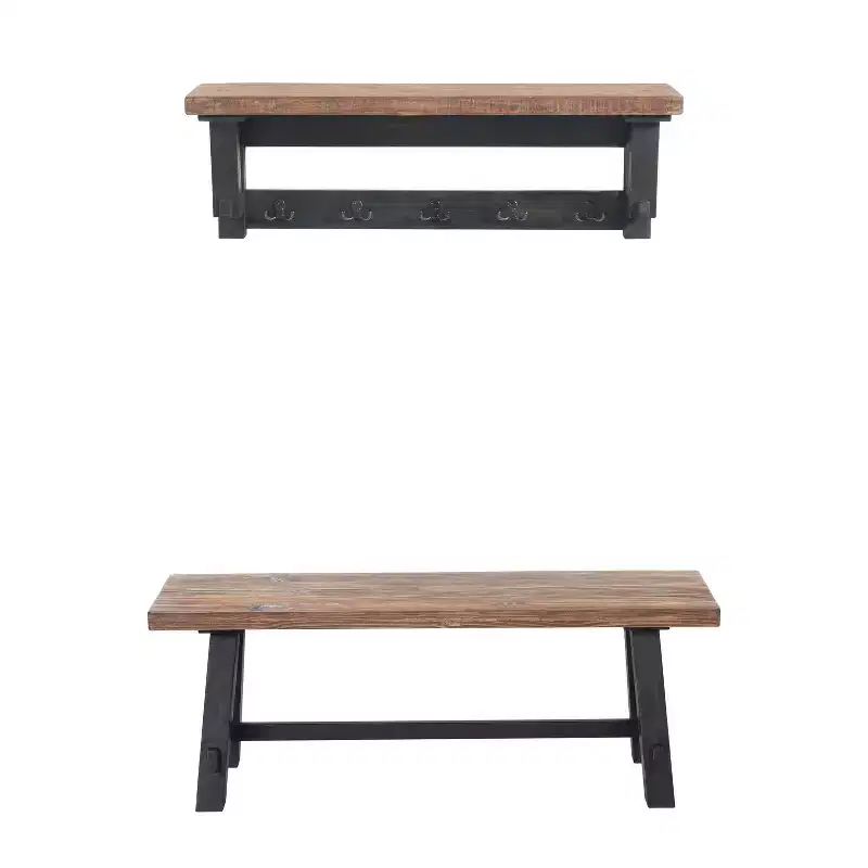 42 Odin Solid Wood Hook with Storage Shelf and Bench Set Black - Alaterre Furniture: Rustic Industrial Design, Pine Frame