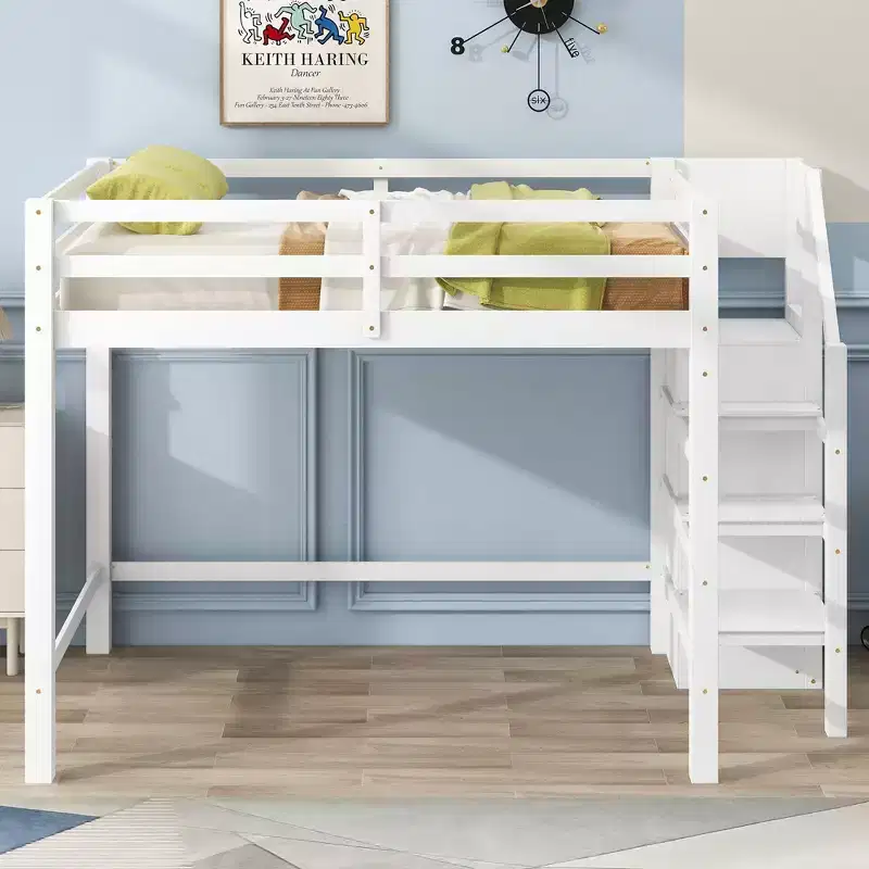 Okak Full Size Bunk Bed with Built-in Storage Wardrobe Loft Bed with Staircase Safety Guardrail Solid Wood for Kids Teens, Easy Assemble