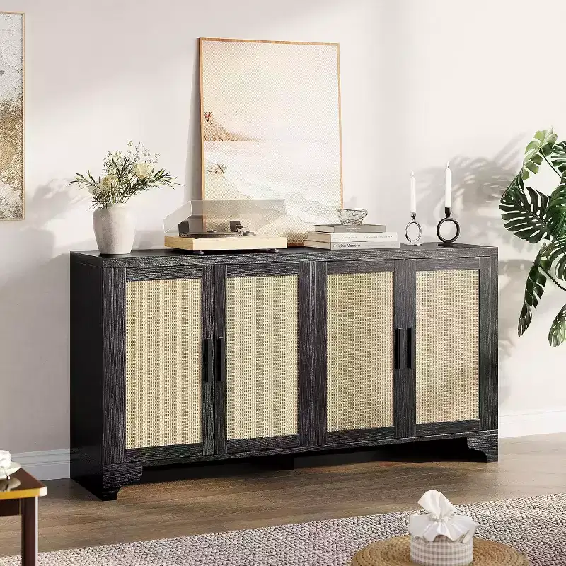 Natural Rattan 4-Door Sideboard Buffet Cabinet