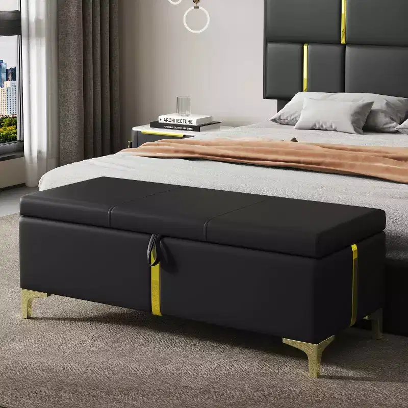 Upholstered Storage Ottoman Bench with Metal Legs – Black, 47