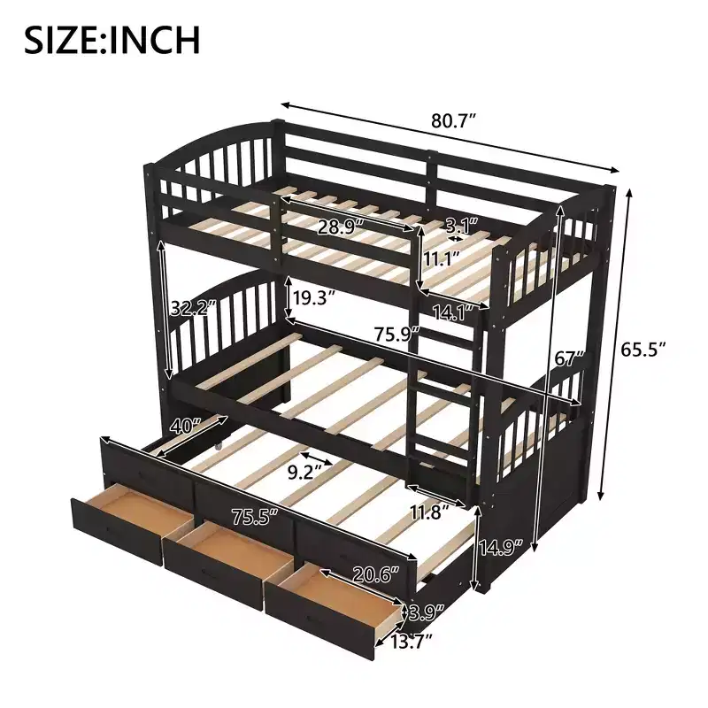 Wood Twin over Twin Bunk Bed with Ladder, Trundle & Drawers