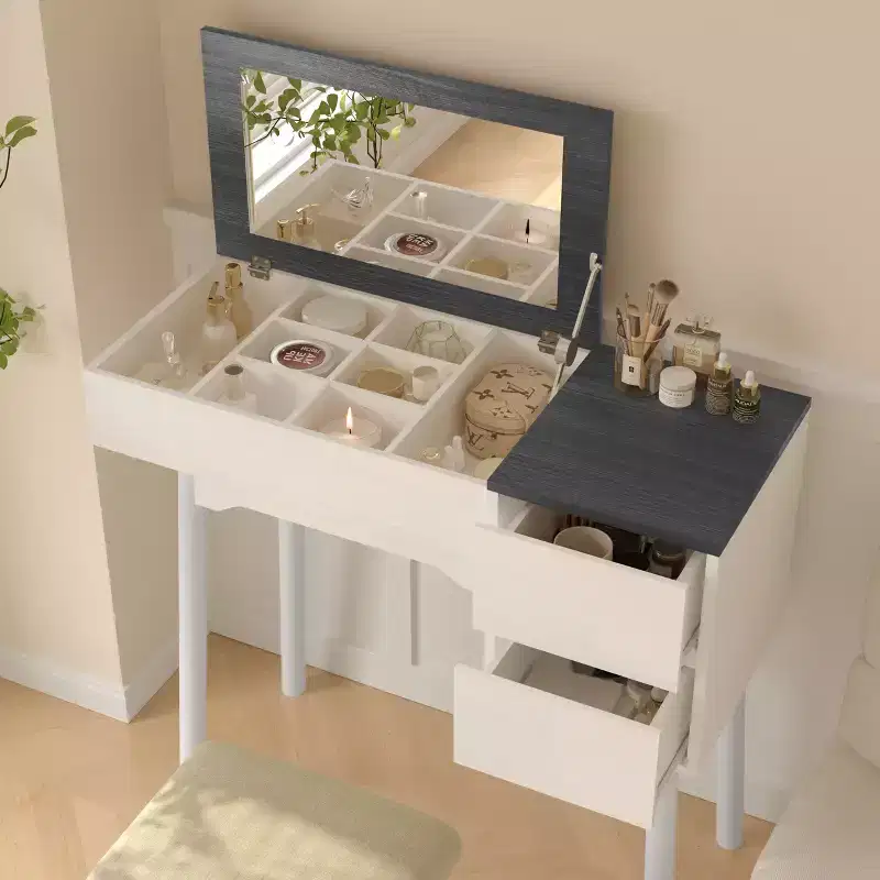 White Makeup Vanity Desk with Flip-Top Mirror, 2 Drawers and 8 Compartments for Bedroom, 3-in-1 Design, Space-Saving Design