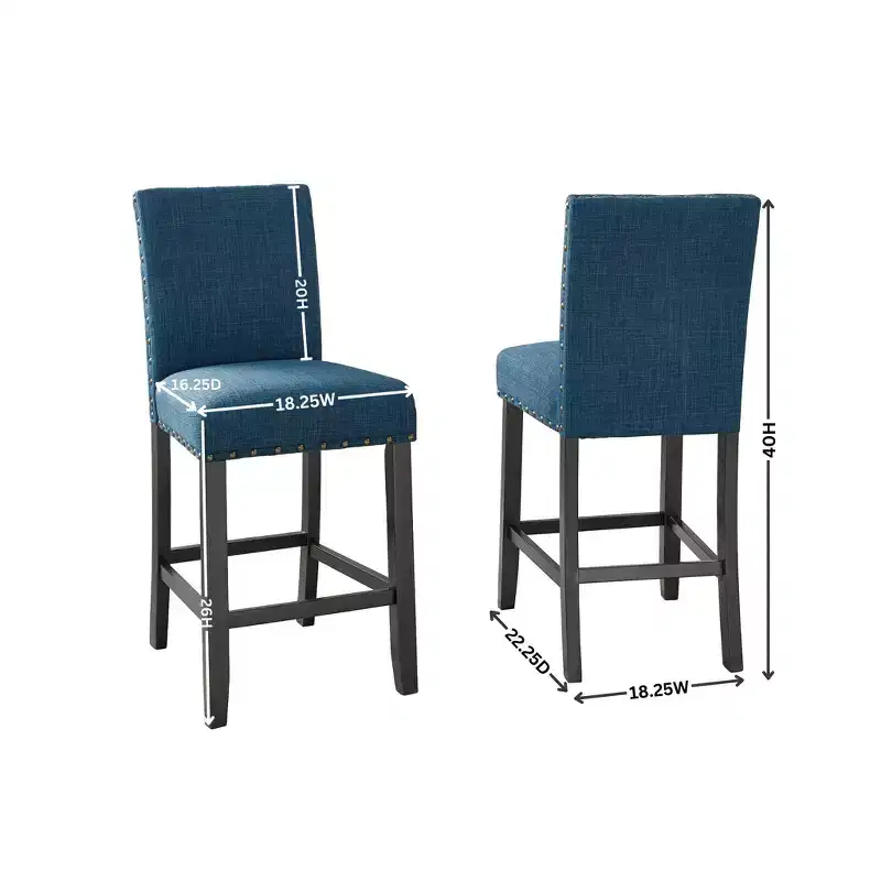 Biony Espresso Wood Counter Height Dining Set with Grey Fabric Nailhead Stools