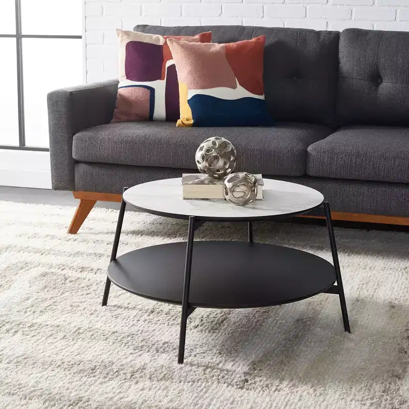 Alexy Round Coffee Table - White Marble/Black - Safavieh