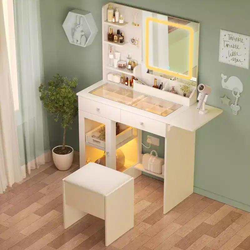 Modern Vanity Table with Mirror & LED Lights, Small Dressing Desk with Large-Capacity Storage, Makeup Table for Bedrooms