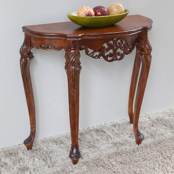 Carved Half-Moon Console Table, Hardwood Distressed Dual Walnut Stain, 1 Sliding Drawer, 30H x 32W in
