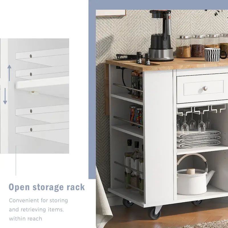 Adjustable Shelves Kitchen Island with Power Outlet and Drop Leaf