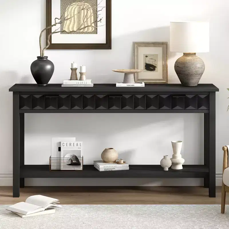 60 Inch Fir Veneer Entryway Console Table with Honeycomb-Patterned Fronts and 3 Drawers, Solid Fir Legs