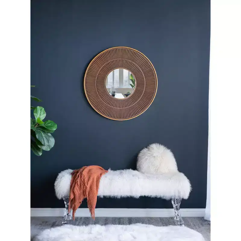 31.5 Inch Round Wooden Wall Mirror with Gold Iron Frame