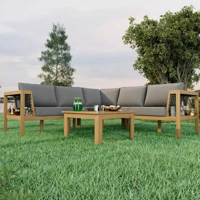 Merax 4-Piece Acacia Wood Outdoor Sofa Set with a Coffee Table and Adjustable Foot Pads