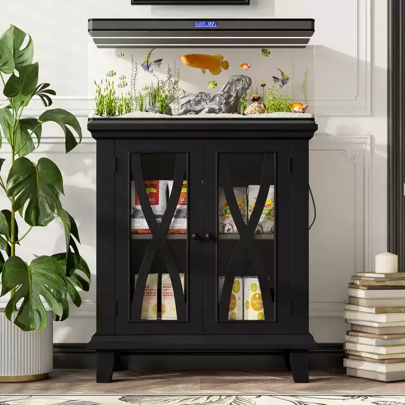 Farmhouse Wood Aquarium Stand with Power Outlets and Adjustable Shelves