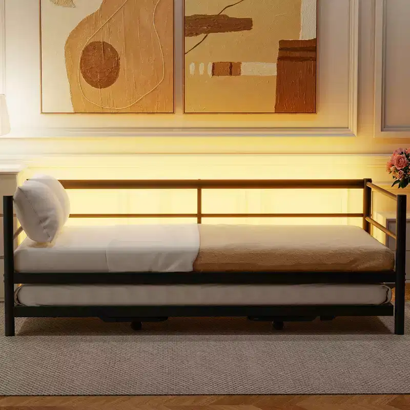 Black/White Twin Metal Daybed with LED Lights & Pop-Up Trundle, Sleeps 2
