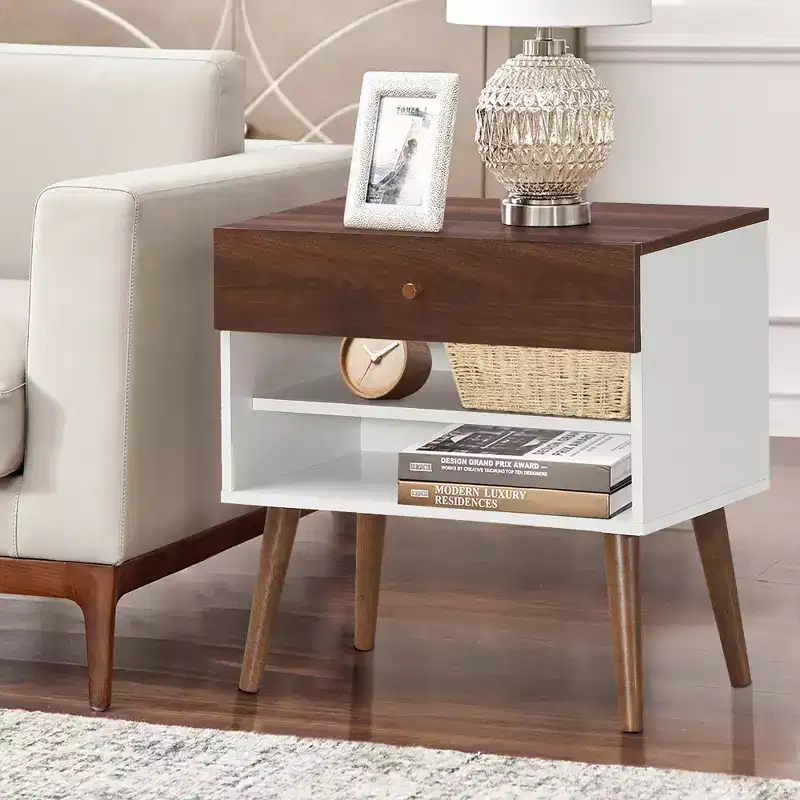 2PCS Nightstand End Side Table Drawer Storage Shelf Mid-Century Rubber Wood Leg