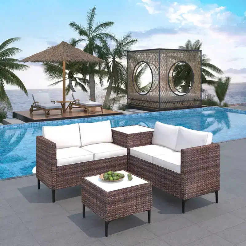4-Piece Rattan Patio Set  Modular Sectional with Storage Box & Glass Table, Weather-Resistant for Outdoor Lounge, Balcony