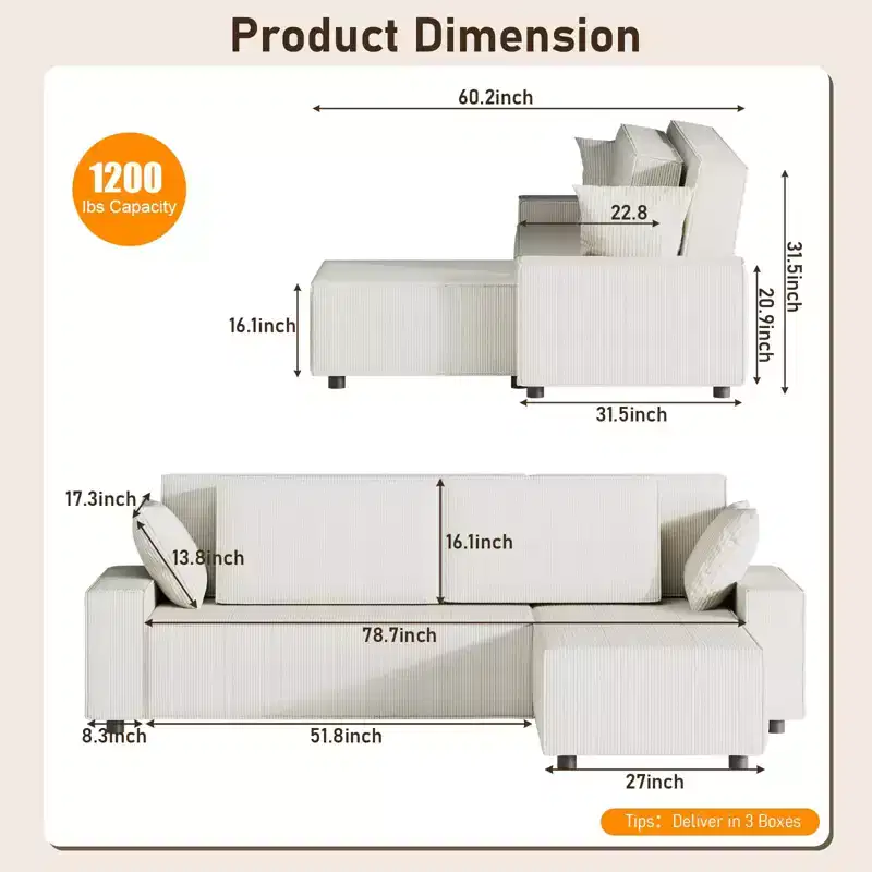 Corduroy Stripe 96 Inch Large Couch, Modern L Shaped Oversized Sectional Sofa with Deep Seat, Comfy Modular Couch for Living Room, Apartment, Studio