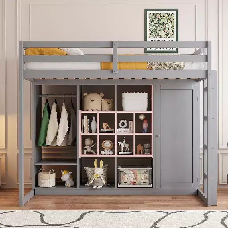 Whisen Twin Size Wood Loft Bed, Smart Storage with Wardrobe, Shelves & Cabinet, Colorful Design