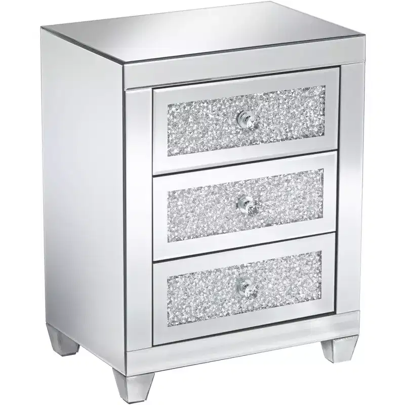 Studio 55D Gia Modern Mirrored Rectangular Accent Side End Table 20 x 14 with 3-Drawer Silver Glass Crystal for Living Room Bedroom Bedside Entryway