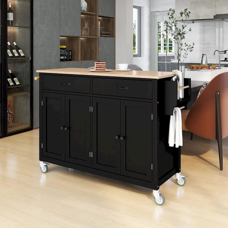 Kitchen Island Cart with Solid Wood Top, Locking Wheels, Spice & Towel Rack