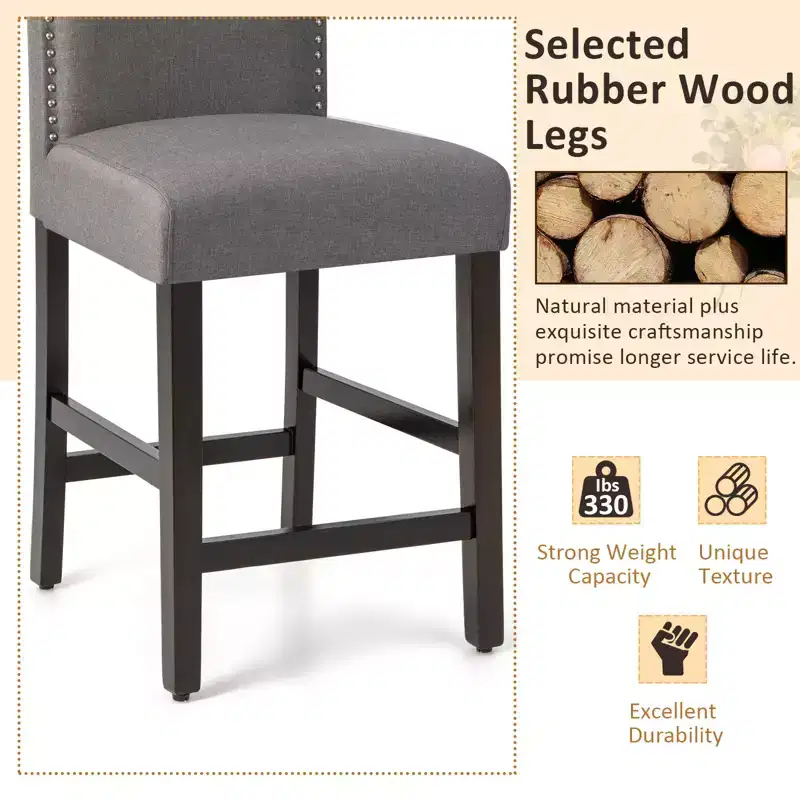 Costway Set of 2 Fabric Barstools Nail Head Trim Counter Height Dining Side Chairs Grey/Beige