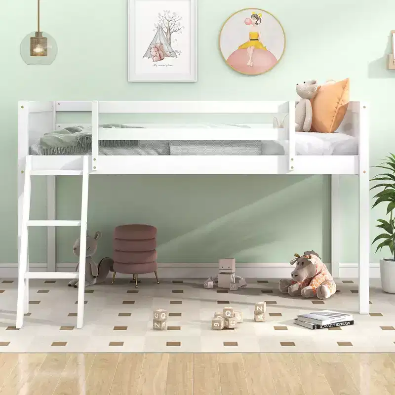 79.5IN Twin/Full Size Kids Loft Bed with Removeable Ladder, Bed Frames with Safety Guardrails, Loft Bed for Kids Room, Play Room
