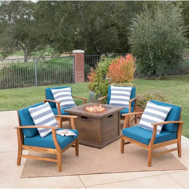 Christopher Knight Home Havana Outdoor Acacia Wood 5 Piece Club Chair and Fire Pit Set with Cushions