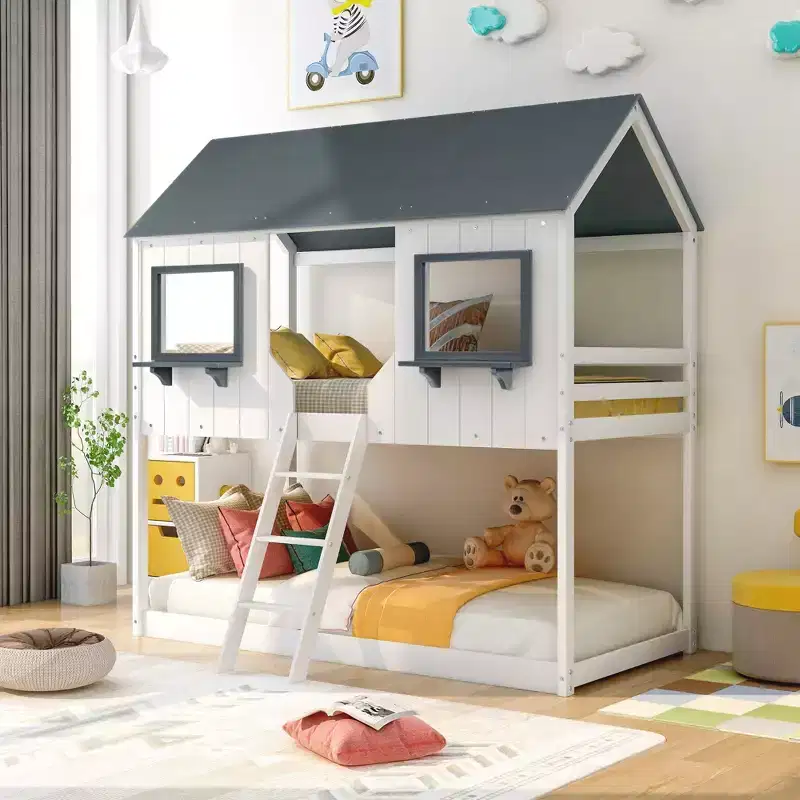 Twin Over Twin Bunk Bed Wood Bed with Roof, Window, Guardrail, Ladder