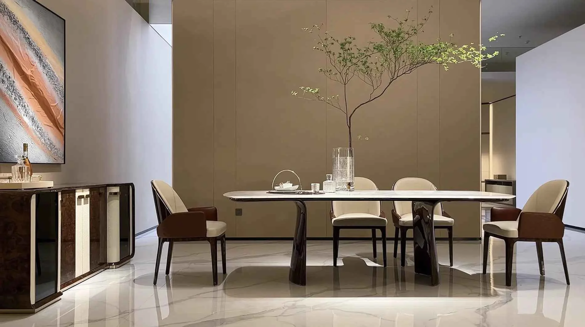 Modern Long Marble Dining Table with Wooden Base