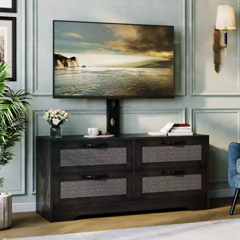 Farmhouse Rattan 4 Drawer TV Stand with Mount (Fits TVs Up to 70 Inch), Wooden Entertainment Center, Storage Media Console for Living Room & Bedroom