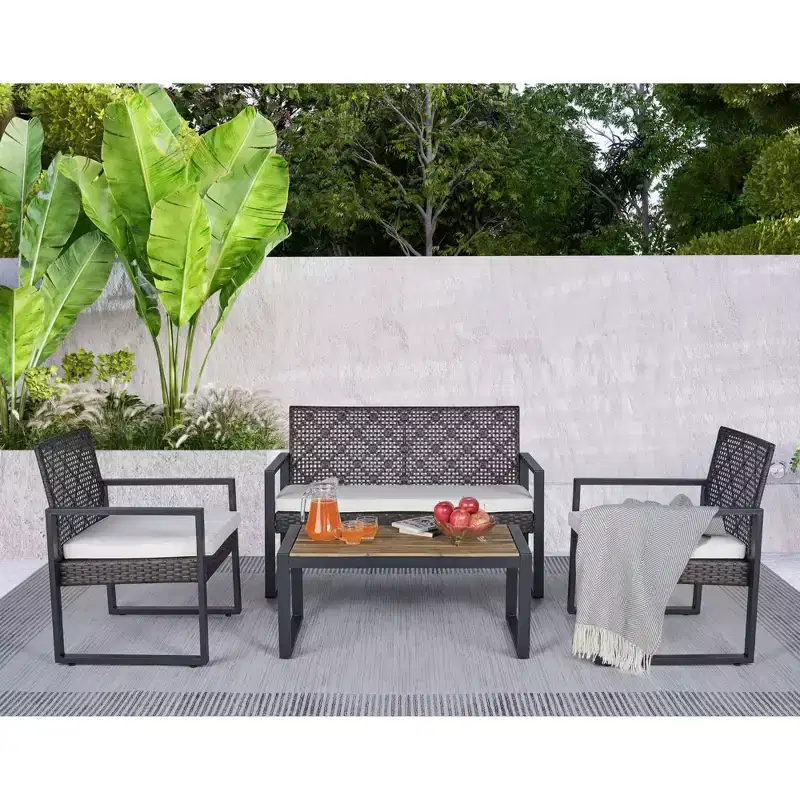4-Piece Patio Furniture Set Outdoor Acacia Wood Table Top Metal Frame Cushions Balcony Garden Backyard Lawn