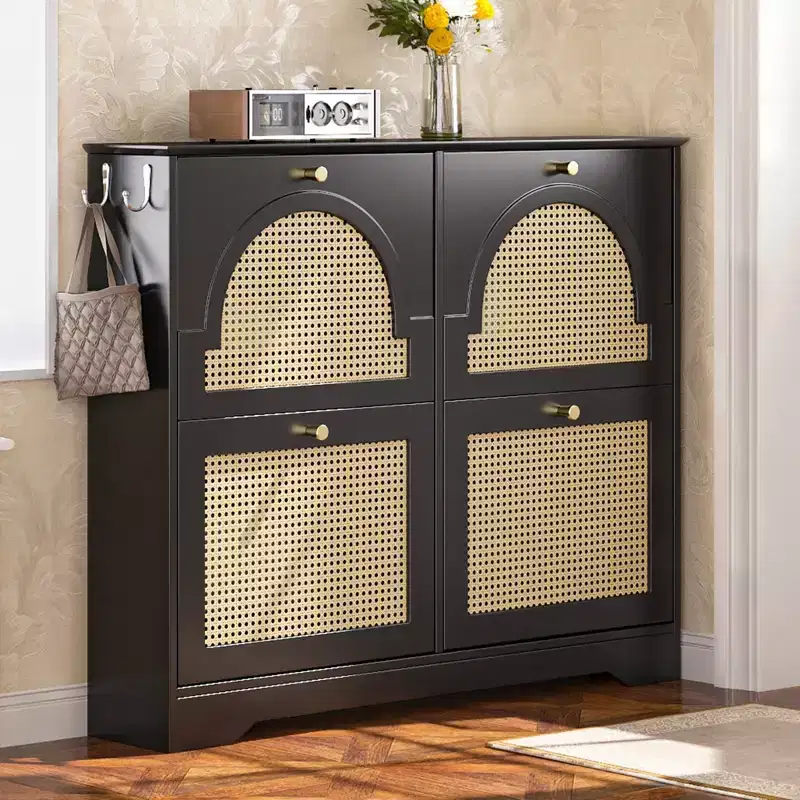 JVNOXK Mid-Century Narrow Shoe Cabinet with 4 Flip Drawers Rattan Doors, Tipping Bucket Shoe Organizer with 2 Hooks for Entryway Hallway Black